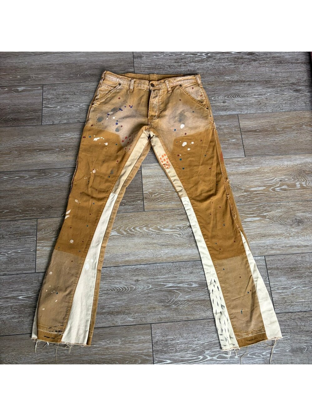 MNML Carpenter Pants Size 29 Brown Paint Splatter Contrast Panel Raw Hem